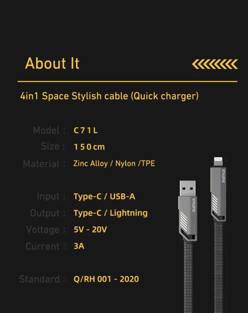 Description Picture 6 of item4-in-1 Type-C USB-C Fast Charge Data Cable: 60W Zinc Alloy Lightning PD Cord for iPhone, iPad, Samsung, Xiaomi, Huawei, Laptop