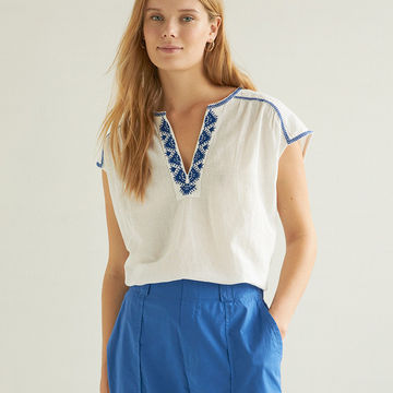 SLEEVELESS LINEN MAO-NECK SHIRT ECRU WITH EMBROIDERY