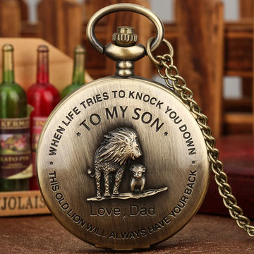 Bronze Lion 'To My Son' Customized Quartz Pocket Watch Necklace - Best Gift for Sons