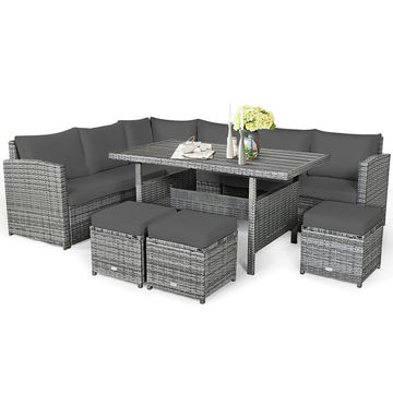 Goplus Patiojoy 7 PCS Patio Rattan Dining Set Sectional Sofa Couch Ottoman Garden Gray