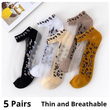 5 Pairs of Women's Glass Filament Fiber, Thin, Transparent Leopard Socks – Stylish and Comfortable Polyester Sock Sole