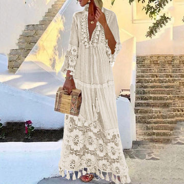 Bohemian Women Lace Tassel  V-Neck Linen Plus size Maxi