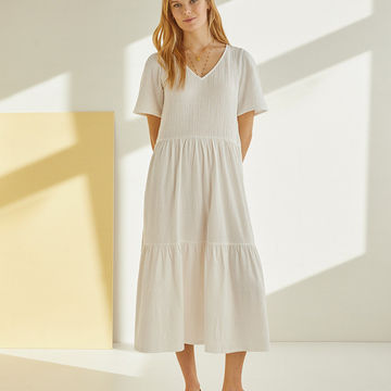 100% COTTON LONG DRESS ECRU