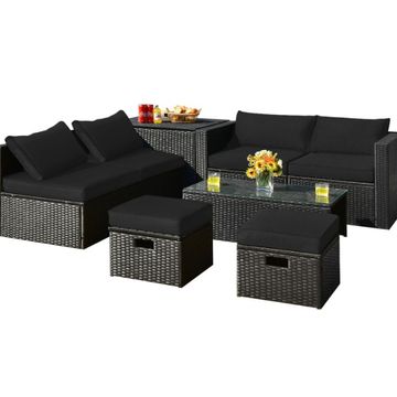 Goplus Patiojoy 8PCS Patio Rattan Furniture Set with Table, Black