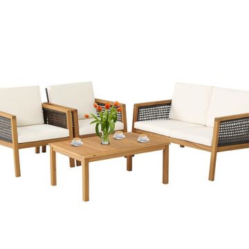Goplus Patiojoy 4PCS Patio Rattan Furniture Set Acacia Wood Cushioned Sofa Off White