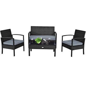 Goplus Costway 4PCS Outdoor Patio Rattan Furniture Set Cushioned Sofa Coffee Table Garden Deck