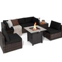 Goplus Costway 7PCS Patio Rattan Furniture Set 30" Fire Pit Table Cover Cushion Sofa Black