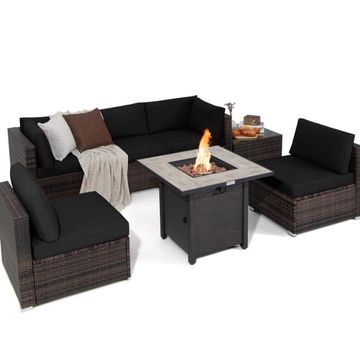 Goplus Costway 7PCS Patio Rattan Furniture Set 30" Fire Pit Table Cover Cushion Sofa Black