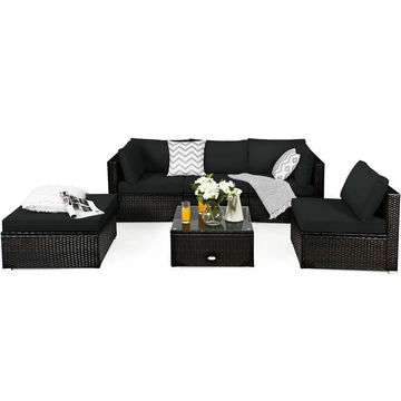 Goplus Patiojoy 6PCS Outdoor Patio Rattan Furniture Set Cushioned Sectional Sofa Black