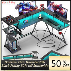 L Shaped Gaming Desk with LED Lights & Power Outlets, 50” Reversible Computer Desk with Storage Shelf & Monitor Stand