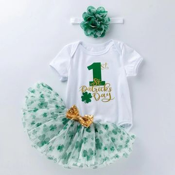 Baby Girl 1st St Patrick's Day Outfit Romper Flower Tutu Skirt and Headwear Suit