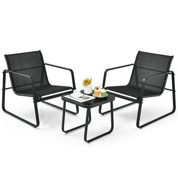 Goplus Patiojoy 3PCS Patio Bistro Furniture Set with Glass Top Table, Black