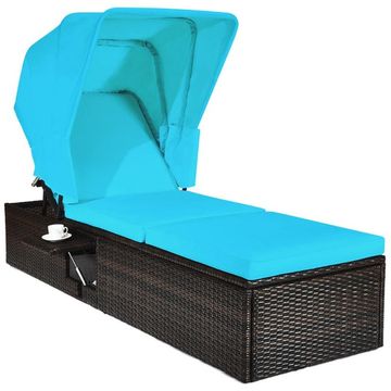 Goplus Patio Rattan Lounge Chair Cushioned with Top Canopy Adjustable and Tea Table