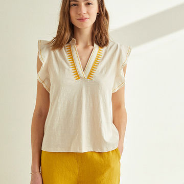 100% COTTON V-NECK T-SHIRT NATURAL YELLOW