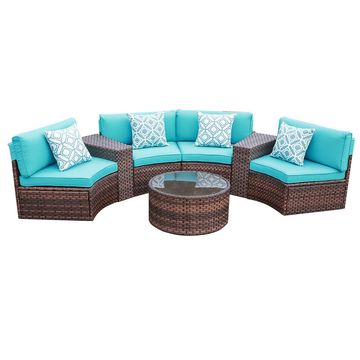 JARDINA 7 Pieces Outdoor Patio Furniture Half-Moon Rattan Sofa Set, Brown and Turquoise