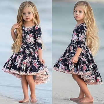 Kids Girl Pretty Princess Lace Floral Party Dress Long Sleeve Irregular Pleated Dresses 1-6Y