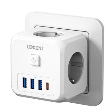 LENCENT 7-in-1 EU Plug Wall Socket Extender with On/Off Switch - 3 AC Outlets, 3 USB Ports, 1 Type C Charger