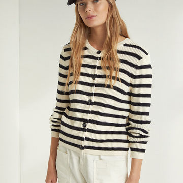 100% ORGANIC-COTTON STRIPED CARDIGAN WITH BUTTONS ECRU