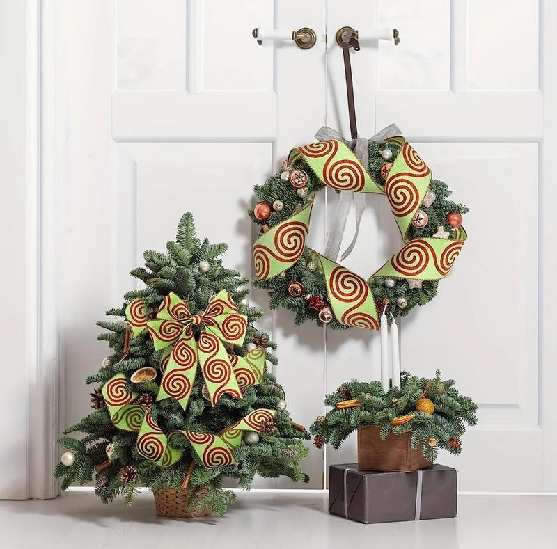 Description Picture 1 of itemChristmas Glitter Stripe Burlap Ribbon, Festive Red and Green Wired Edge Ribbon for Holiday Decorations and DIY Crafts