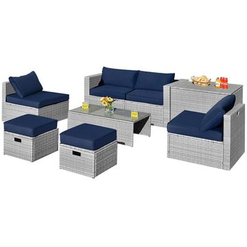 Goplus Patiojoy 8PCS Patio Rattan Furniture Set Storage Waterproof Cover Navy Cushion