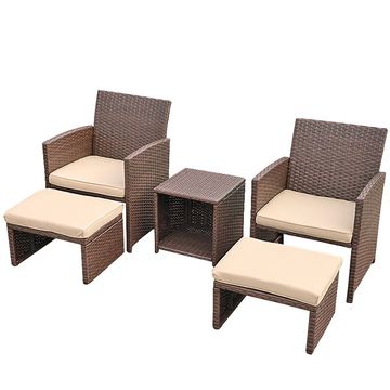 JARDINA 5 Pieces Outdoor Garden Rattan Patio Furniture Set with Beige Cushions, Brown Wicker Chair with Ottoman, Storage Table