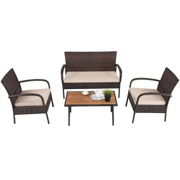 Goplus 4PCS Patio Rattan Furniture Set Outdoor Conversation Set, Coffee Table and Cushions