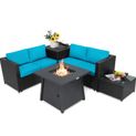 Goplus Costway 5PCS Patio Rattan Furniture Set, 30" Gas Fire Pit Table, Turquoise