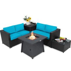 Goplus Costway 5PCS Patio Rattan Furniture Set, 30" Gas Fire Pit Table, Turquoise