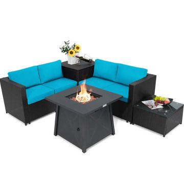 Goplus Costway 5PCS Patio Rattan Furniture Set, 30" Gas Fire Pit Table, Turquoise