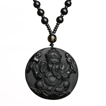  Natural Black Obsidian Hand-Carved Ganesha Elephant Pendant Necklace with Lucky Beads
