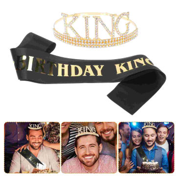 1 Set Rhinestone Crown for Men Crown Sash Set Birthday King Crown Prom Decorations