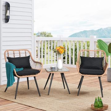 JARDINA 3 Pieces Patio Bistro Set PE Rattan Conversation Set, Curved Armrest Design