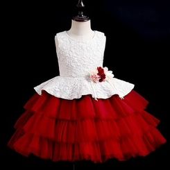 Fantasy Flower Girls Evening Party Dress Multi-layered Lace Embroider Dress