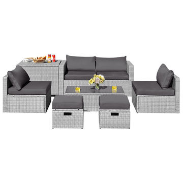 Goplus Patiojoy 8PCS Patio Rattan Furniture Set Storage Waterproof Cover Grey Cushion