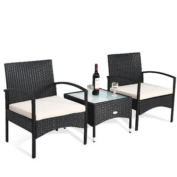 Goplus 3 PCS Patio Wicker Rattan Furniture Set Coffee Table & 2 Rattan Chair with Cushion