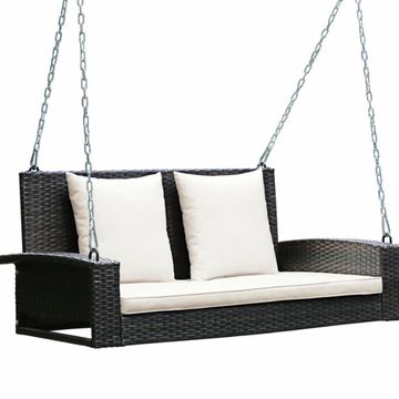 Goplus Patiojoy 2-Person Patio Rattan Hanging Porch Swing Bench Chair Cushion