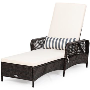 Goplus Rattan Chaise Chair with Armrest and Pillow, Recliner Adjustable