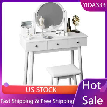 soges Makeup Vanity Table Set, 3-Drawer Dresser Desk, 360° Pivoting Round Mirror, Cushioned Stool, Bedroom Dressing , White