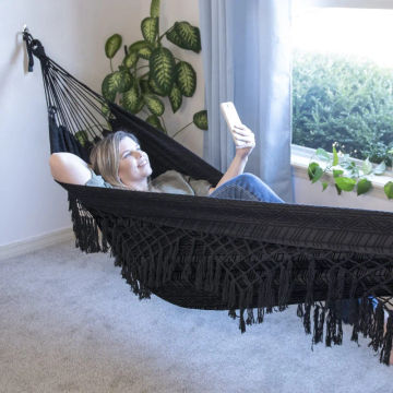 Equip Black Polyester Jacquard Macramé Hammock with Indoor Hanging Kit Bundle, Open Size 81