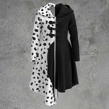 101 Dalmatians White/ Black Costume Cruella De vil Dress with Hood Halloween Cosplay Outfit