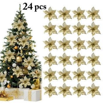 Shine Bright with 24Pcs Glitter Artificial Christmas Flowers: Perfect for Wedding, Christmas Tree, Wreaths, and Indoor Decorations