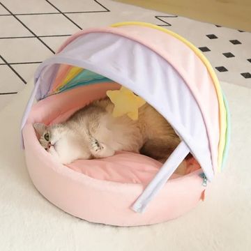 Princess Rainbow Pet Cat Bed - Half-Enclosed Round Cozy Haven for Chihuahuas, Teddies, and More