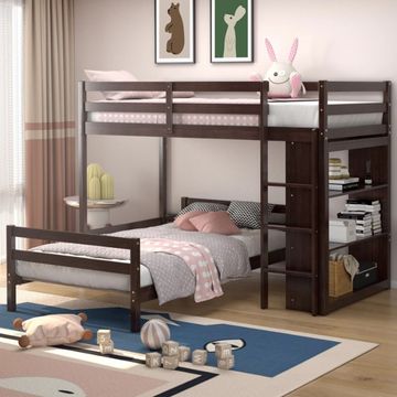 Goplus Children's Bunk Bed Wood with Bookcase, Guardrail, Ladder