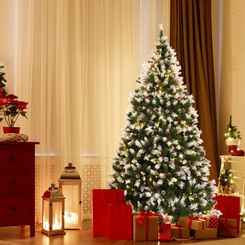 Costway Snowy Christmas Tree 1398 Tips w/ Pine Cones & Red Berries 6ft/7.5ft/9ft Pre-lit 