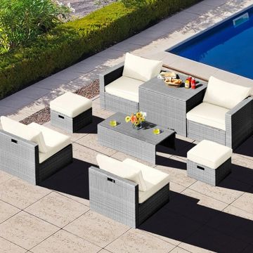 Goplus Patiojoy 8PCS Patio Rattan Furniture Set, Waterproof Cover Off, White