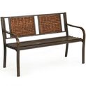 Goplus Patio Garden Bench Steel Frame Rattan Backrest, Outdoor Porch Furniture