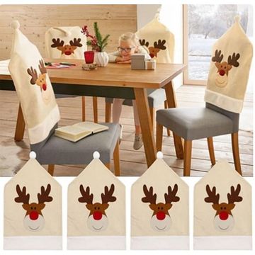 11-Piece Embroidered Deer Christmas Chair Cover Set - Festive Elk Xmas Chair Covers for Christmas Dinner Table Decor