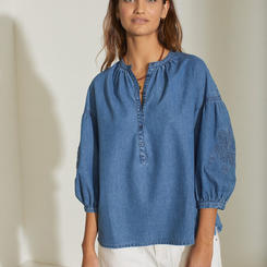 100% COTTON EMBROIDERED MAO-NECK SHIRT INDIGO