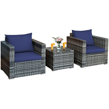 Goplus Patiojoy 3 PC Patio Rattan Furniture Bistro Set Cushioned Sofa Chair Table Navy