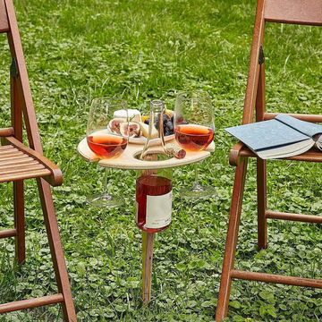 Wooden Wine Wanderer: Portable Picnic & Camping Table with Detachable Glass Holder